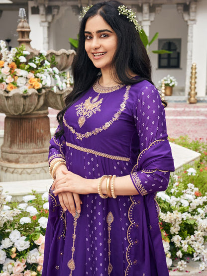 Dhiyona CH Embroidered Round Neck Chinon Thread Work Anarkali Kurta With Palazzos & Dupatta