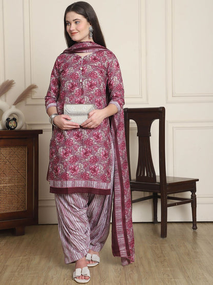 Dhiyona KL Floral Printed V-Neck Straight Kurta With Patiala & Dupatta