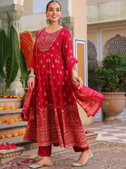 Dhiyona RR Women's Ethnic Motifs Printed Regular Kurta with Trousers & With Dupatta