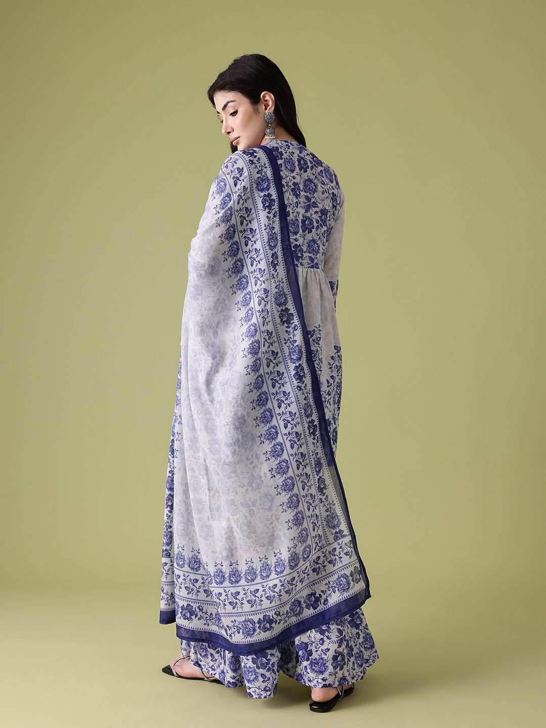 Dhiyona AN Women Floral Printed Pleated A-Line Kurta with Sharara & Dupatta