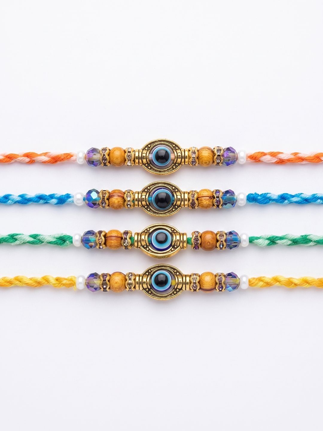 Dhiyona Set Of 4 Multicolor Evil Eye Thread Rakhi With Roli Chawal Chandan Mishri