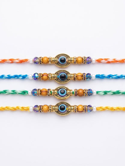 Dhiyona Set Of 4 Multicolor Evil Eye Thread Rakhi With Roli Chawal Chandan Mishri