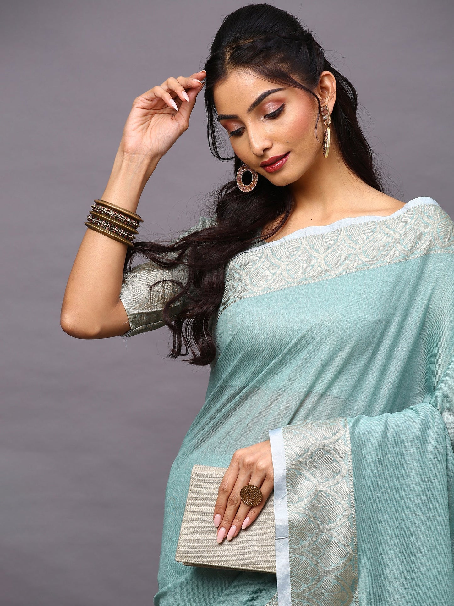 Women's Linen Blend Sea Green Woven Design Designer Saree With Blouse Piece