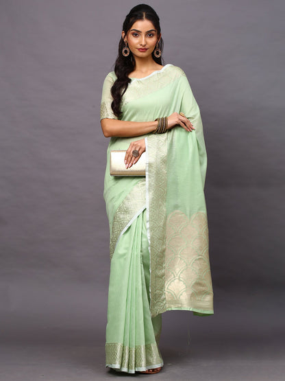 Women's Linen Blend Green Woven Design Designer Saree With Blouse Piece