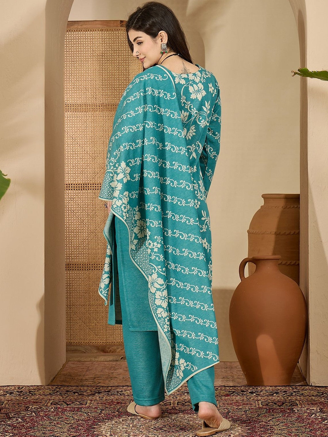 Women Winter Floral Woven Design Straight Kurta With Trousers & Dupatta