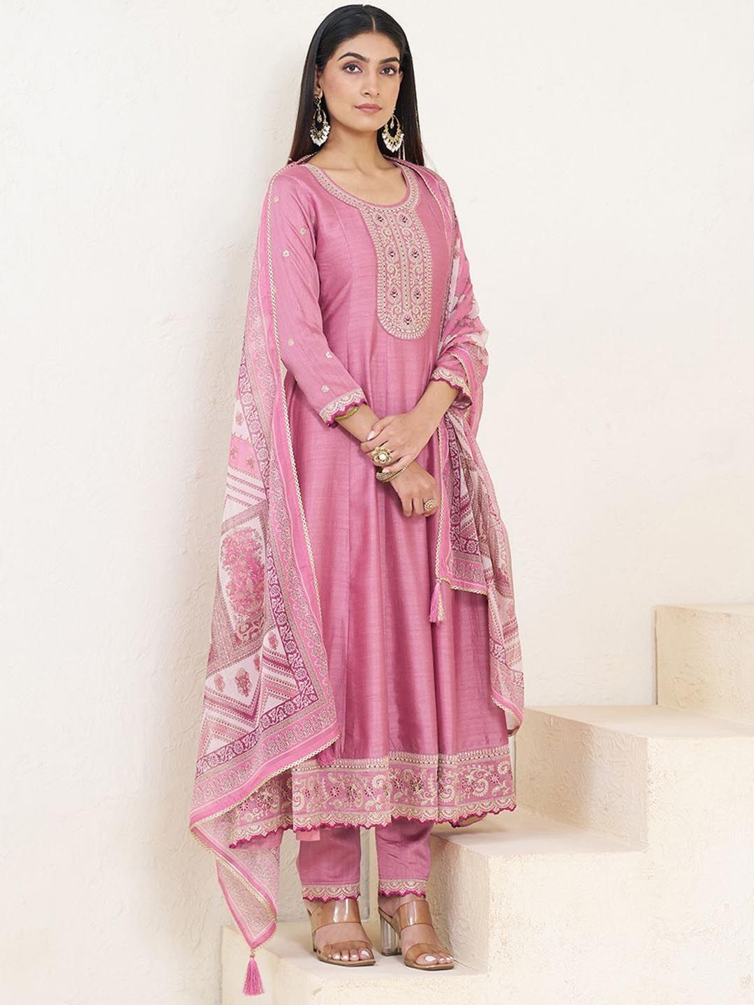 Dhiyona CH Embroidered U-Neck Anarkali Mirror Work Kurta With Trousers & Dupatta