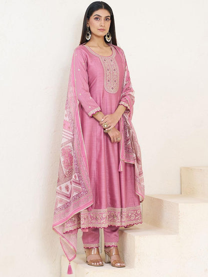 Dhiyona CH Embroidered U-Neck Anarkali Mirror Work Kurta With Trousers & Dupatta