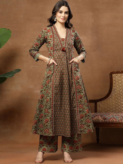 Printed Pure Cotton V-Neck Kurta & Palazzos With Dupatta