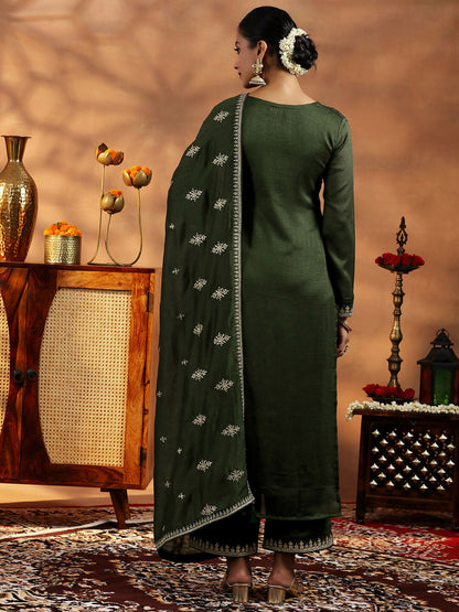 Women's LB Olive Embroidered Silk Blend Straight Suit With Dupatta