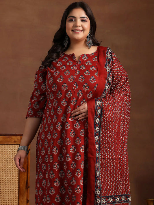 Women's LB Plus Size Rust Printed Cotton Straight Suit With Dupatta