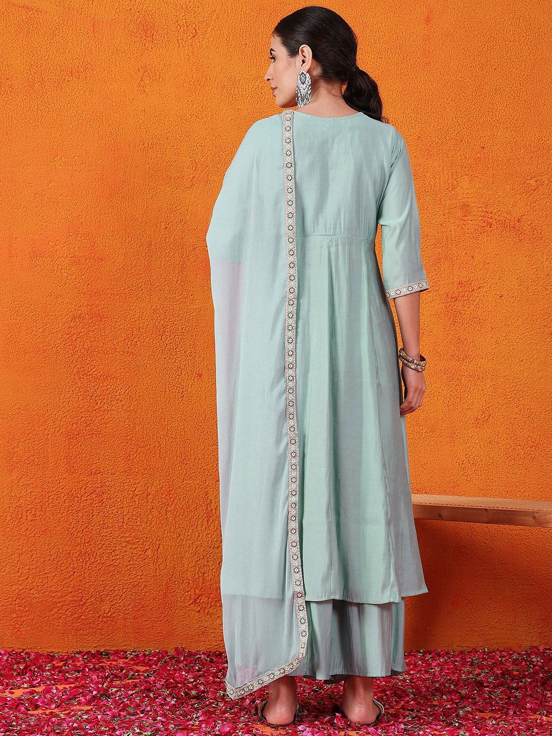 Dhiyona SN Embroidered V-Neck Kurta, Palazzo & Dupatta Set
