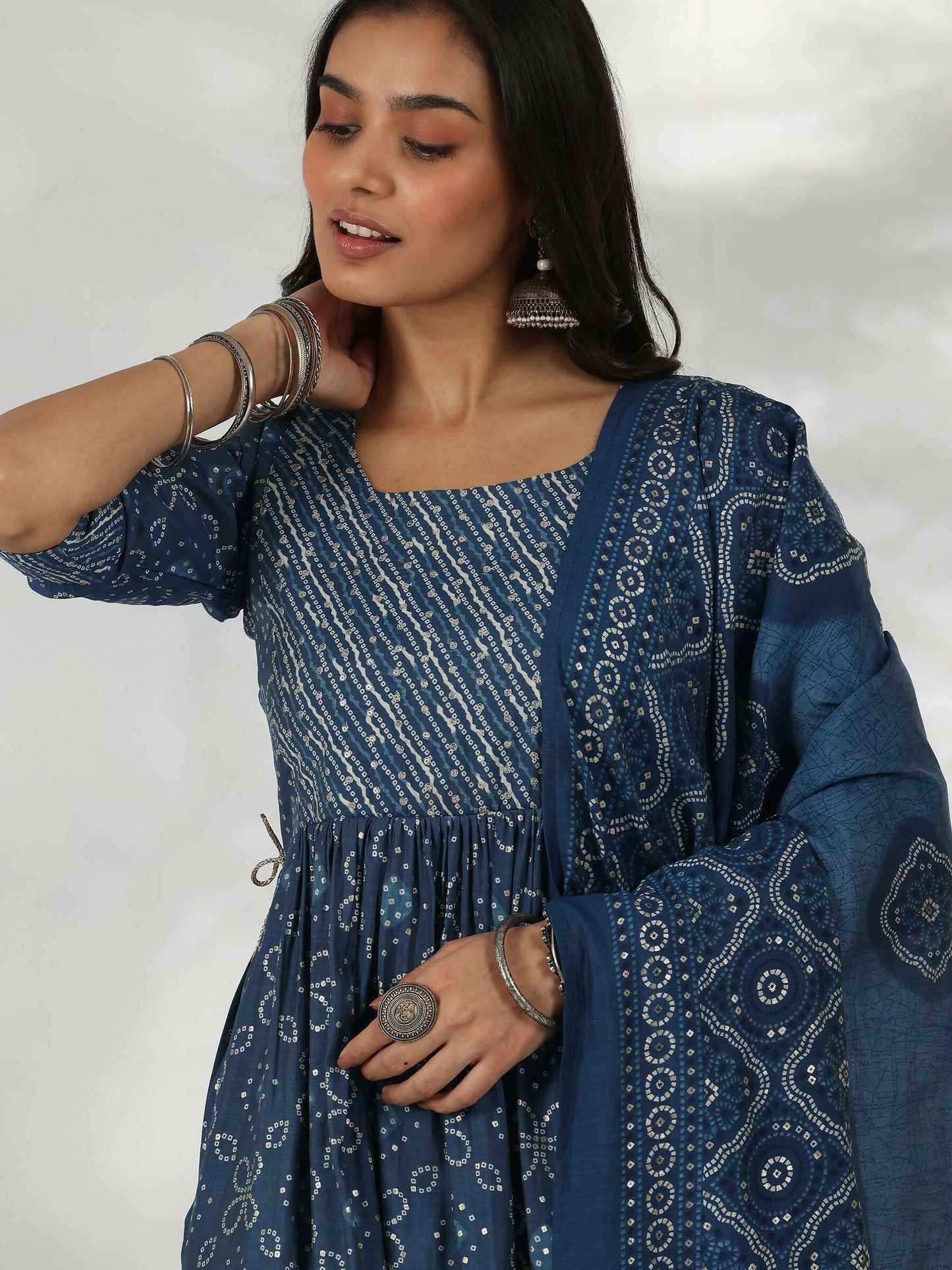 Women's LB Blue Printed Silk Blend A-Line Kurta With Trousers & Dupatta