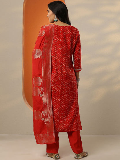 Leheriya Printed Mirror Work Straight Kurta & Trousers With Dupatta