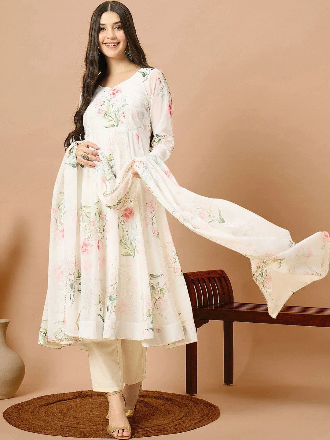 Women Floral Printed Anarkali Kurta & Trousers With Dupatta