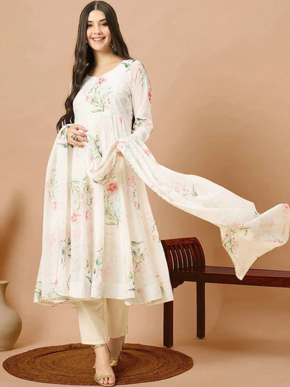 Women Floral Printed Anarkali Kurta & Trousers With Dupatta
