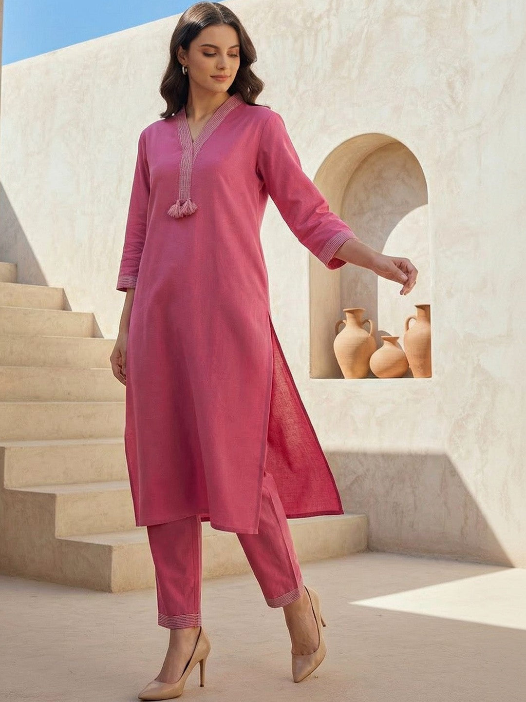 Women Regular Thread Work Kurta with Trousers