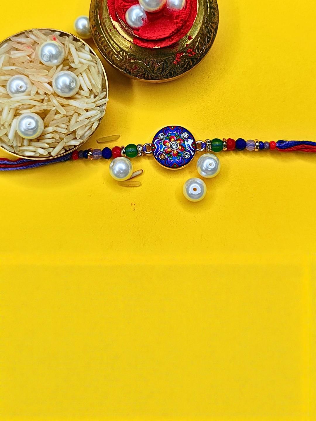 Dhiyona Set Of 6 Beaded Cotton Thread with AD Stones & Meenakari Designer Rakhi for Brother