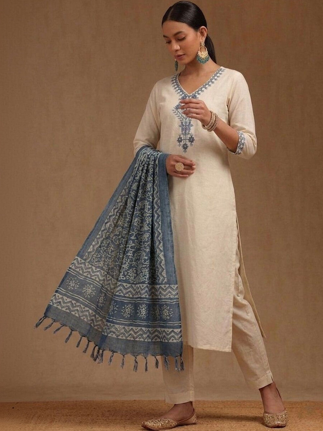 Embroidered Khadi Cotton Round Neck Kurta & Trousers With Dupatta