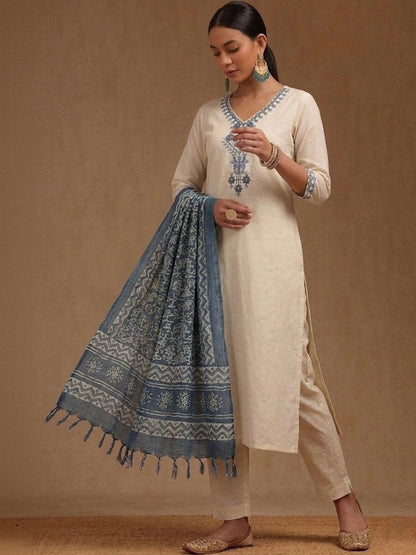 Embroidered Khadi Cotton Round Neck Kurta & Trousers With Dupatta