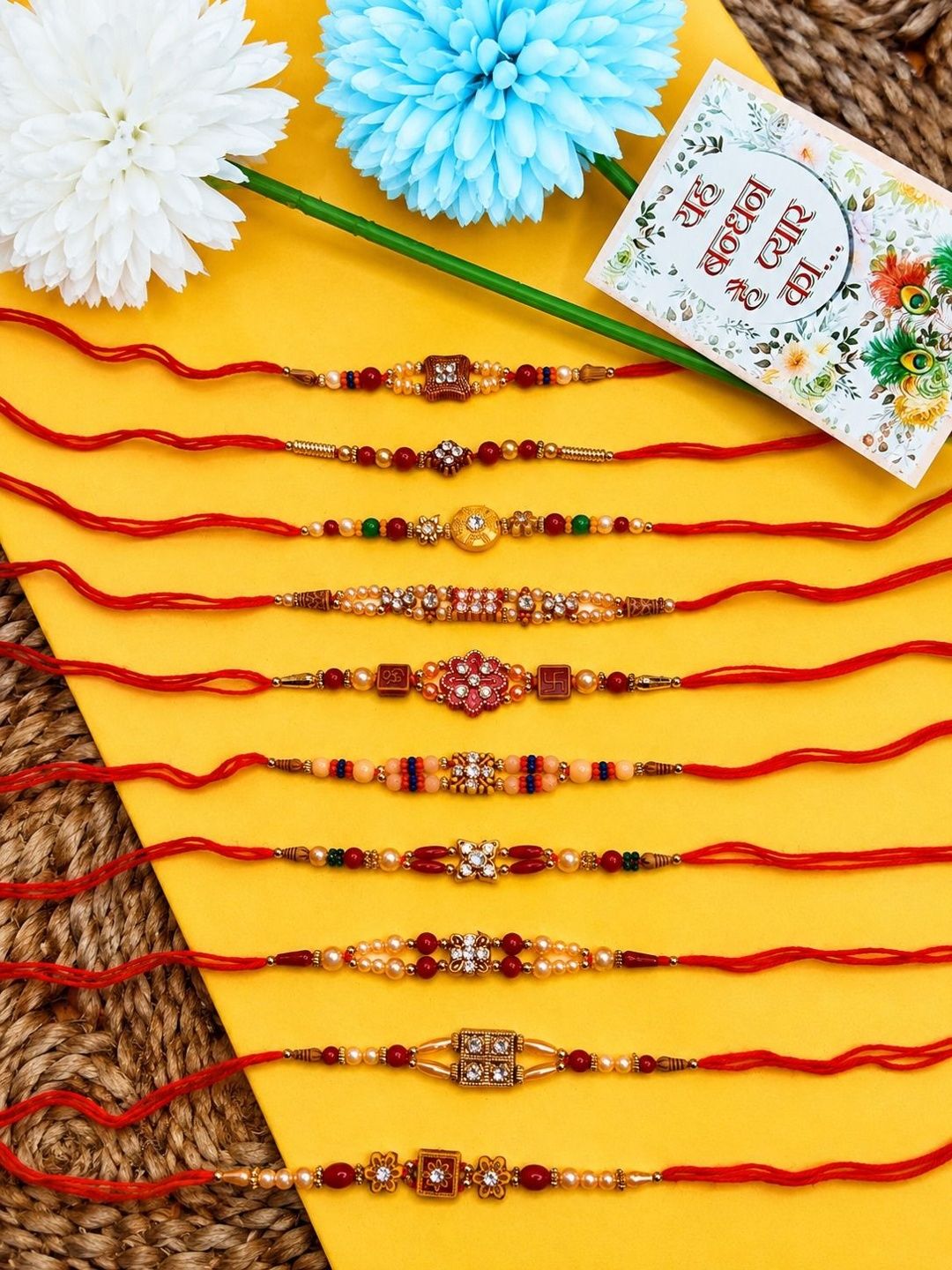 Dhiyona Set Of 10 Artificial Stones & Beads Thread Rakhi With Roli Chawal Chandan Mishri