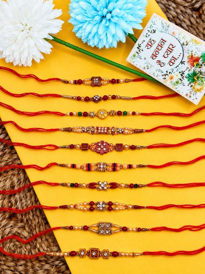 Dhiyona Set Of 10 Artificial Stones & Beads Thread Rakhi With Roli Chawal Chandan Mishri