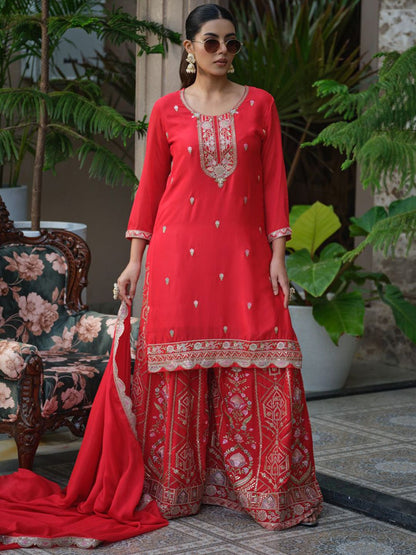 Dhiyona HOP Women Ethnic Motifs Embroidered Straight Kurta & Sharara With Dupatta