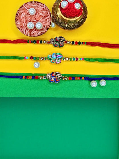 Dhiyona Set Of 3 Beaded Cotton Thread with AD Stones & Meenakari Designer Rakhi for Brother