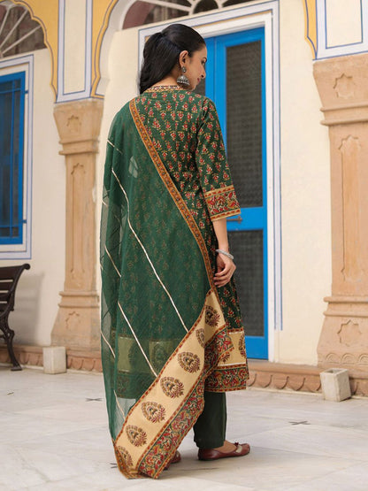 Dhiyona RR Women's Ethnic Motifs Printed Cotton Anarkali Kurta with Trousers & Dupatta