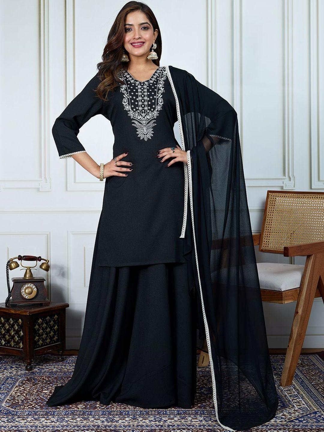 Dhiyona HOP Embroidered V-Neck Kurti Sharara & Dupatta