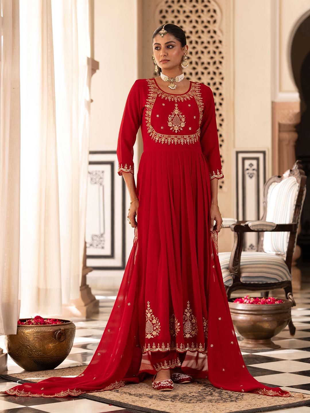 Dhiyona CH Women Floral Embroidered Pleated Mirror Work Kurta with Trousers & Dupatta