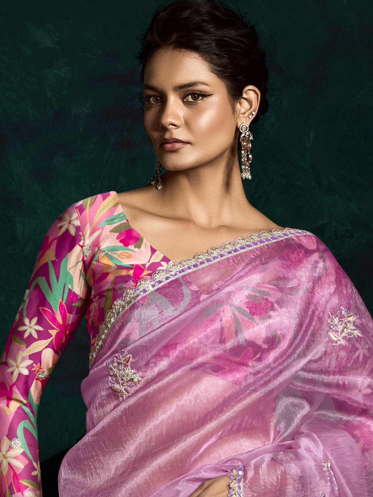 Dhiyona KM Women Pink Designer Organza Saree  “ A Blush Of Elegance