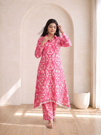 ARANYA ROSE IKAT PRINT PREMIUM PURE COTTON KURTA PANT SET