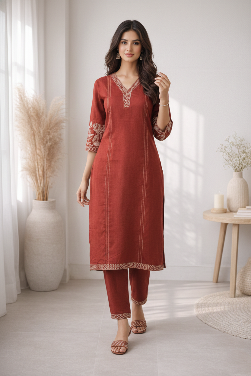 Mohini Brick Embroidered Kurta Pant Set
