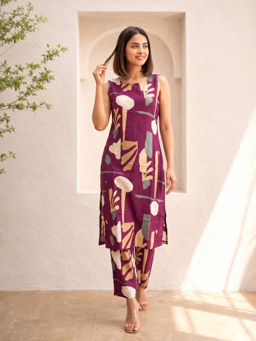 Sarika Plum Printed Sleeveless Kurta Pant Set