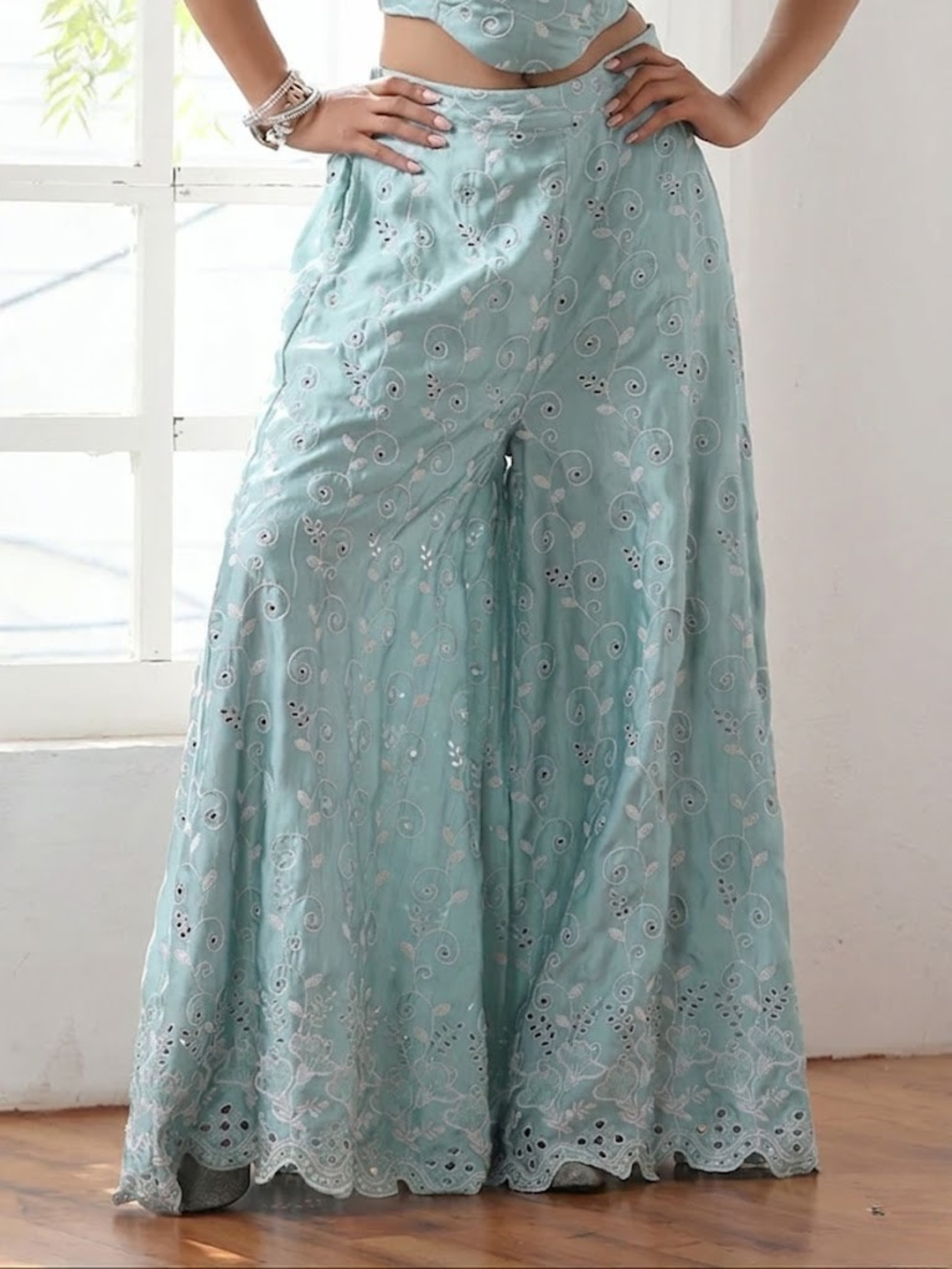 Dhiyona ST Women’s Blue All Over Schiffli Palazzo | 1 Pc, PRF'T Lux Duchess Satin Fabric, Allover Schiffli Embroidery, Festive Party Wear