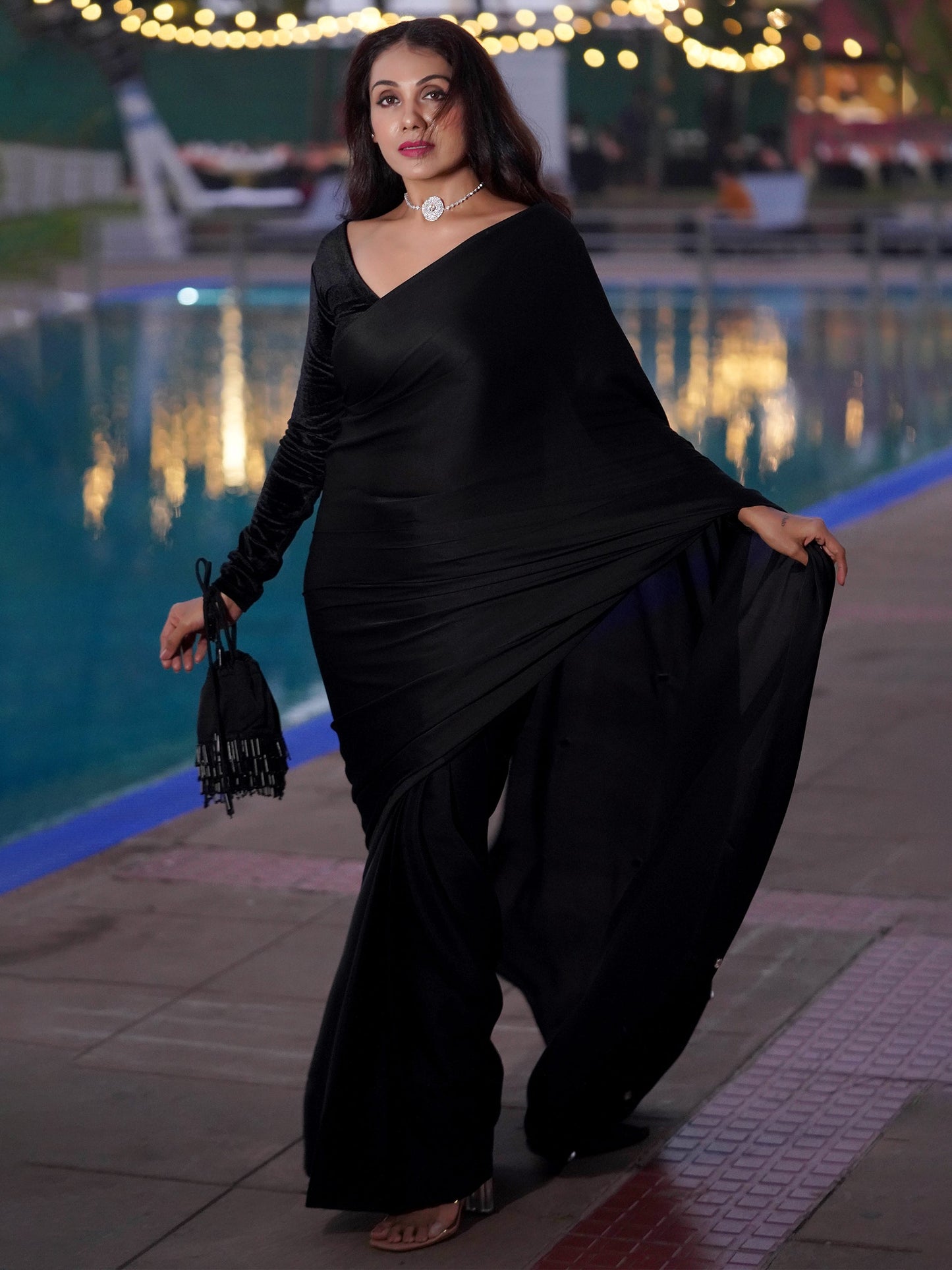 Dhiyona ST Pre-Draped 1-Minute Black Satin Saree with Big diamonds  and Blouse Fabric