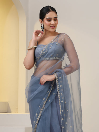 Dhiyona ST Blue Cloud Hand Embroidered Saree with Blouse Fabric