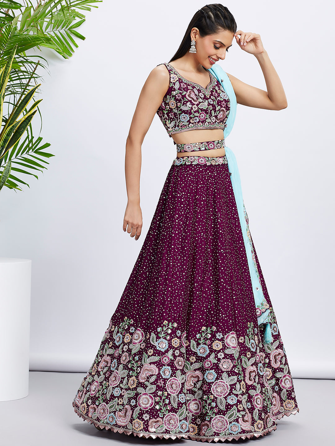 Women Burgundy Pure Chiffon Sequins and thread embroidery  Lehenga choli & Dupatta