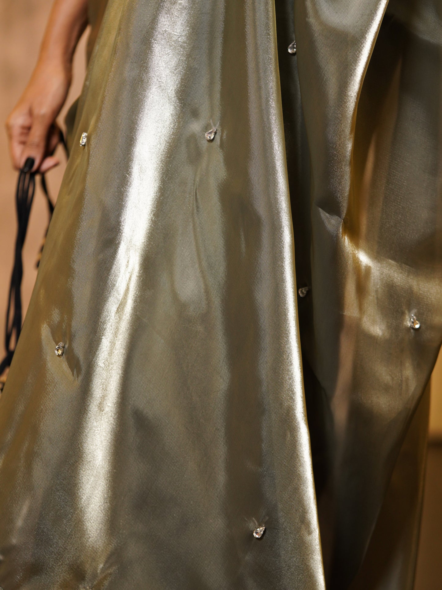 Dhiyona ST Pre-Draped 1-Minute Liquid Gold Organza Saree with Big Diamonds and Blouse Fabric