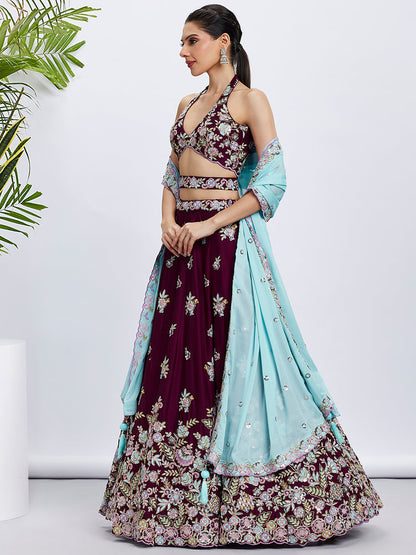 Women Burgundy Pure Georgette Sequins and thread embroidery  Lehenga choli & Dupatta