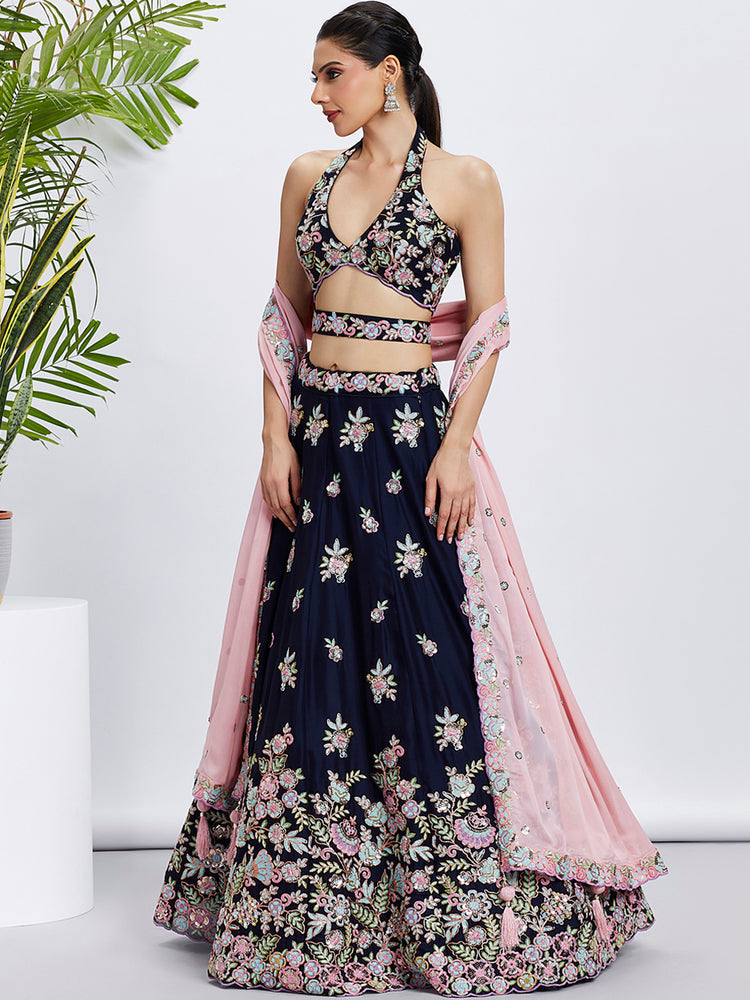 Women Navy blue Pure Georgette Sequins and thread embroidery  Lehenga choli & Dupatta