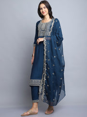 Women Navy Blue Embroidery silk Kurta And Pant Set With Dupatta