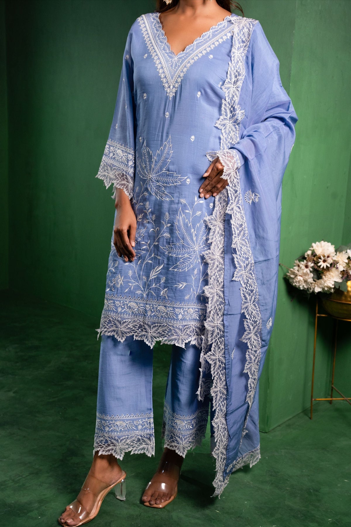 Ruh Mul Chanderi Embroidered Periwinkle  Suit Set