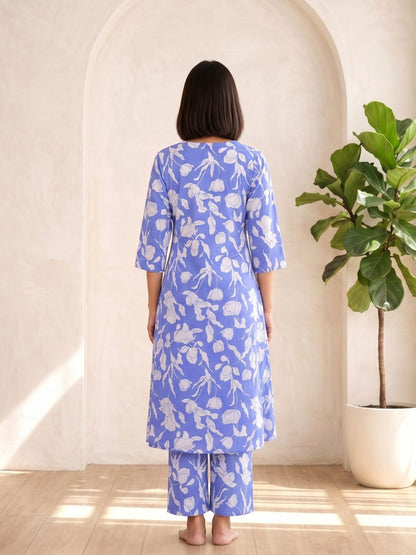 SASHA OCEAN PRINTED COTTON KURTA PANT SET