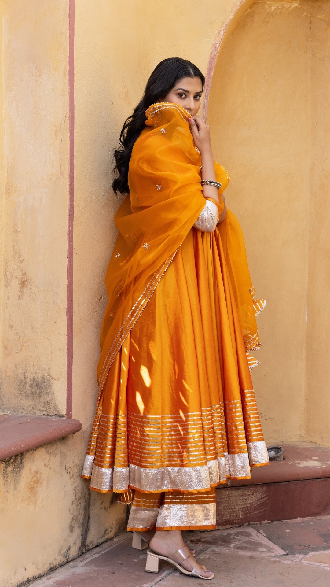 Amber Orange Taffeta Silk Anarkali Set