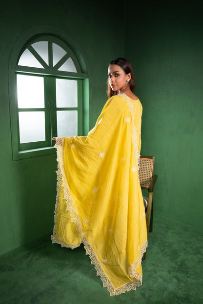 Ruh Mul Chanderi Embroidered Yellow  Suit Set