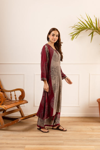 Karen Burgundy printed kurta pant set