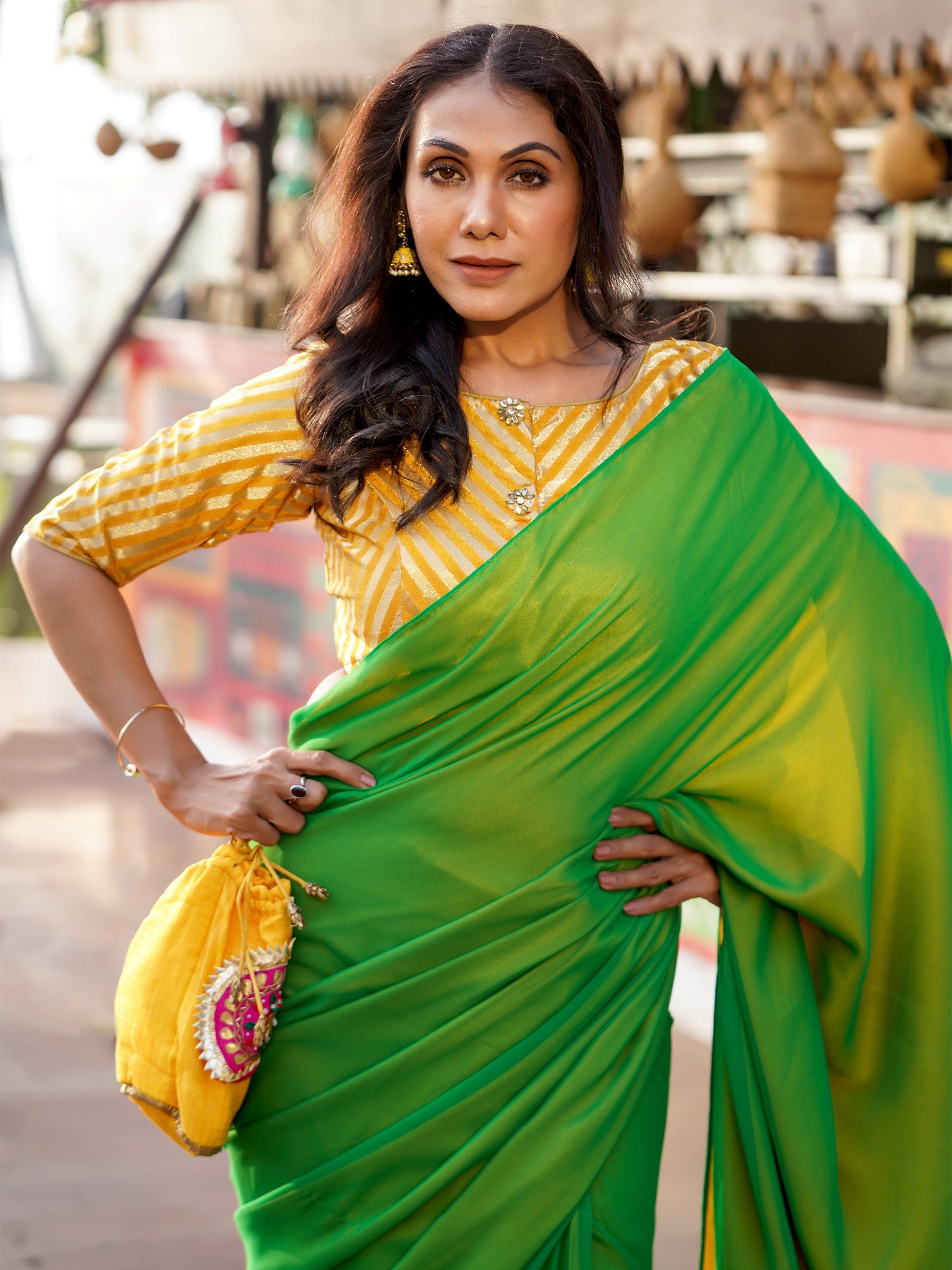 Dhiyona ST Pre-Draped 1-Minute Enchanting Green Georgette And Yellow Satin Saree with Blouse Fabric