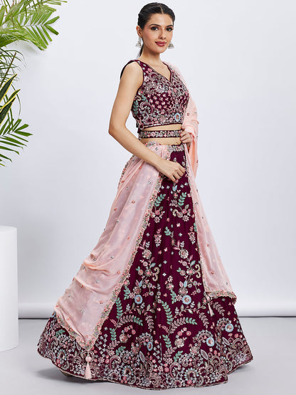 Women Burgundy Pure Georgette Sequins and thread embroidery  Lehenga choli & Dupatta