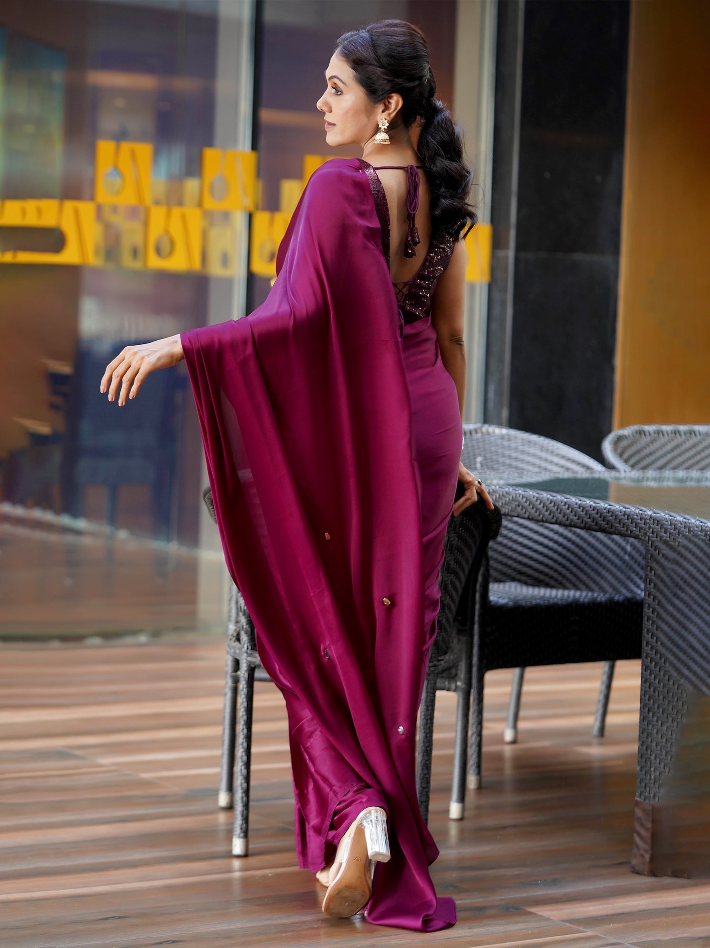 Dhiyona ST Pre-Draped 1-Minute Wine Satin Saree With Self Fabric Blouse